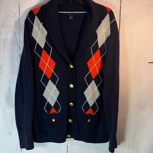 Tommy Hilfiger XL Navy/Orange/Gray Argyle Shawl Collar Cardigan/Gold Buttons